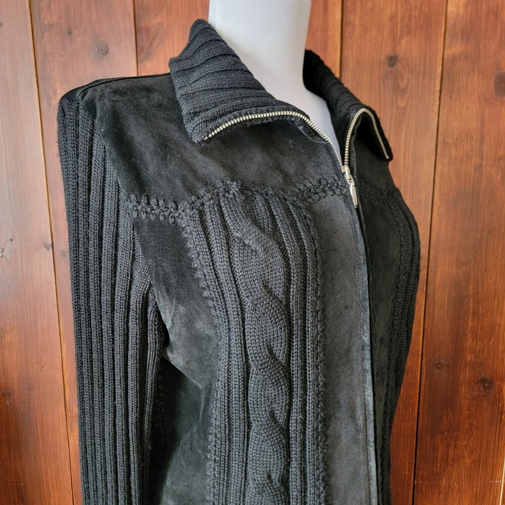 Saguaro Womens L Mixed Media Suede Knit Jacket Black Cable Knit Full Zip
